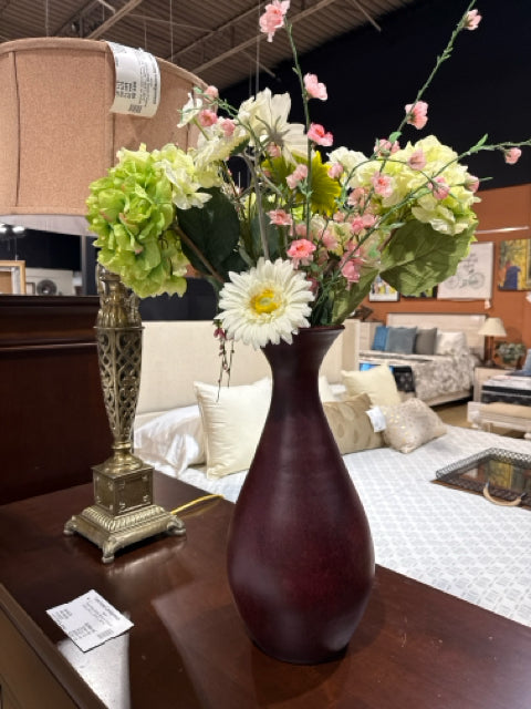 Large Red/Black Pottery Vase with Floral Accents