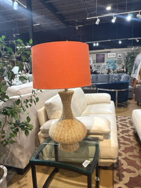 Large Rattan Base with Orange Textured Shade Table Lamp