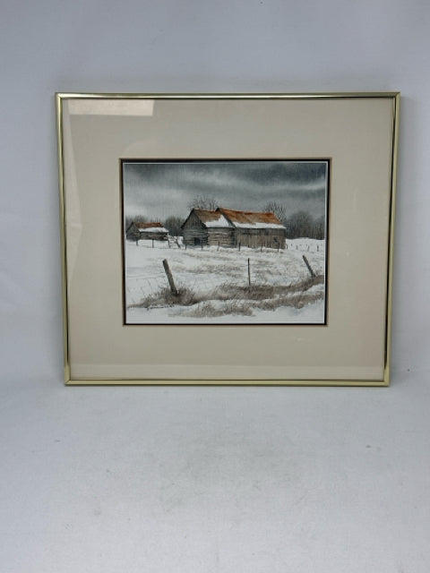 Gold Framed Watercolour Painting by J.M. Robinson Barn in Winter