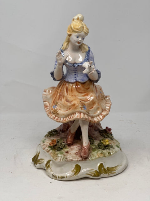 Italian Porcelain Girl Sitting with Bird in Hand Figurine